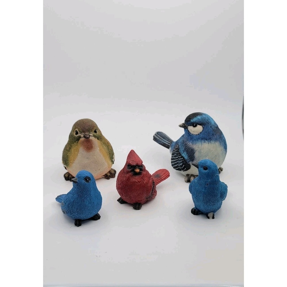 Set Of 5 Lovely Resin Colorful Bird Blue Figurines Cardinal Warbler